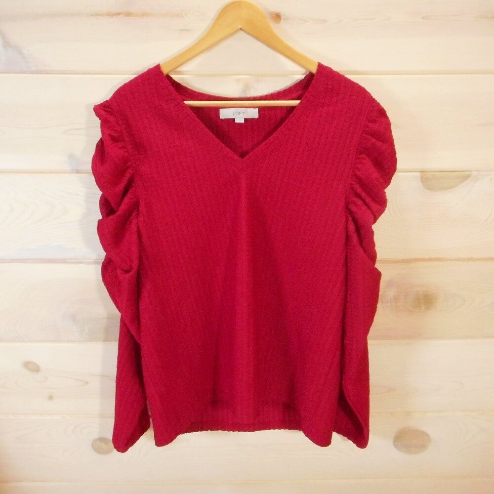 Loft Women's Size XL Red Textured Long Sleeve Top Ruched Sleeve V-neck Stretch